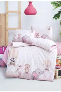 Kız Bebek Ekru Pembe Kalpli Fil Desenli Bebek Nevresim Takımı 100x150cm