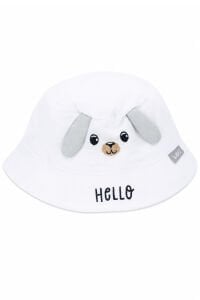 Erkek Bebek Beyaz Hello Yazılı Köpekli Kulaklı Fötr Şapka 0-18 Ay