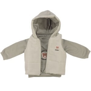 Erkek Bebek Gri Şişme Yelekli Ayı Nakışlı Üçlü Takım