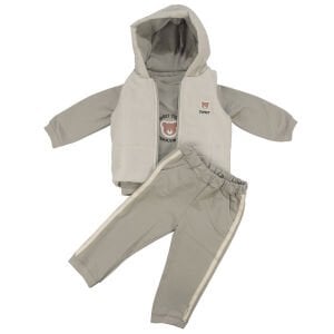 Erkek Bebek Gri Şişme Yelekli Ayı Nakışlı Üçlü Takım