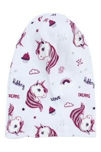 Kız Bebek Beyaz Gri Simli Pembe Unicorn Desenli Bere 0-6 Ay