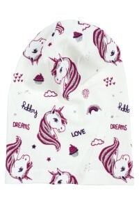 Kız Bebek Ekru  Gri Simli Pembe Unicorn Desenli Bere 0-6 Ay