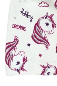 Kız Bebek Ekru  Gri Simli Pembe Unicorn Desenli Bere 0-6 Ay