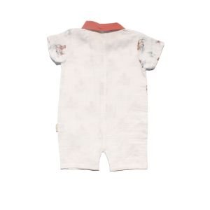 Erkek Bebek Ekru Turuncu Yakalı Papyonlu Ayıcık Baskılı Düğmeli Müslin Tulum