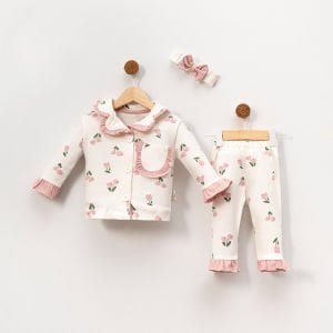 Kız Çocuk Ekru Pudra Lale Desenli Fırfırlı Bandanalı Pijama Takımı