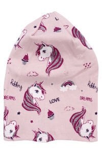 Kız Bebek Somon Gri Simli Pembe Unicorn Desenli Bere 0-6 Ay