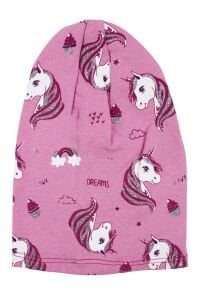 Kız Bebek Pembe Gri Simli Pembe Unicorn Desenli Bere 0-6 Ay