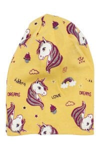 Kız Bebek Sarı Gri Simli Pembe Unicorn Desenli Bere 0-6 Ay