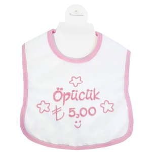 Öpücük 5 TL Yazılı Pembe Biyeli Su Geçirmez Kız Bebek Önlük