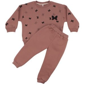 Kız Çocuk Pudra Siyah Kelebek Baskılı Üç İp İkili Takım