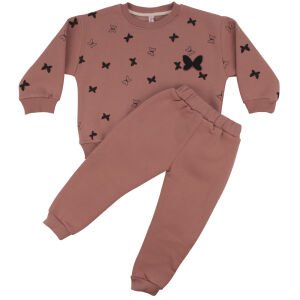 Kız Çocuk Pudra Siyah Kelebek Baskılı Üç İp 2'li Takım