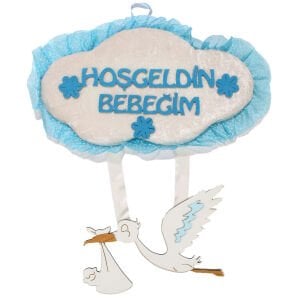 Erkek Bebek Mavi Beyaz Hoş geldin Bebeğim Yazılı Leylekli Kapı Süsü