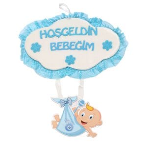 Erkek Bebek Mavi Beyaz Hoş geldin Bebeğim Yazılı Bebekli Kapı Süsü