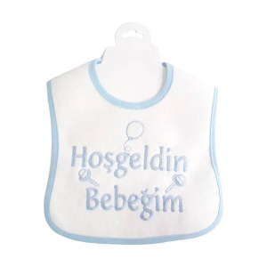 Hoşgeldin Bebeğim Yazılı Mavi Biyeli Su Geçirmez Erkek Bebek Önlük