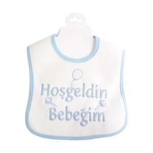 Hoşgeldin Bebeğim Yazılı Mavi Biyeli Su Geçirmez Erkek Bebek Önlük