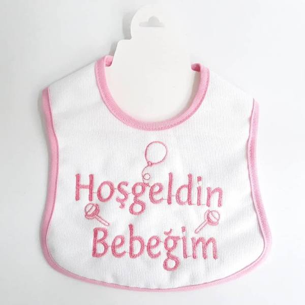 Hoşgeldin Bebeğim Yazılı Pembe Biyeli Su Geçirmez Kız Bebek Önlük
