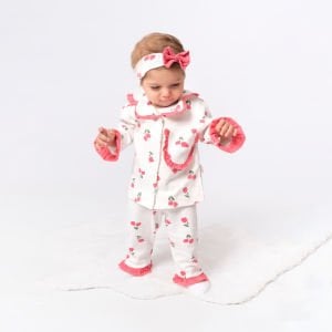 Kız Çocuk Ekru Pembe Lale Desenli Fırfırlı Bandanalı Pijama Takımı