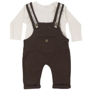 Erkek Bebek Beyaz Kahve Waffle Salopetli 2'li Takım