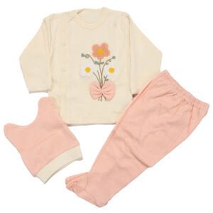 Kız Bebek Ekru Somon Fiyonklu Çiçek Nakışlı Çıt Çıtlı 3'lü Pijama Takımı 0-3 Ay