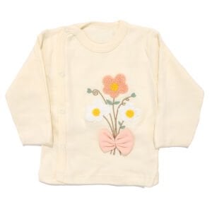 Kız Bebek Ekru Somon Fiyonklu Çiçek Nakışlı Çıt Çıtlı 3'lü Pijama Takımı 0-3 Ay