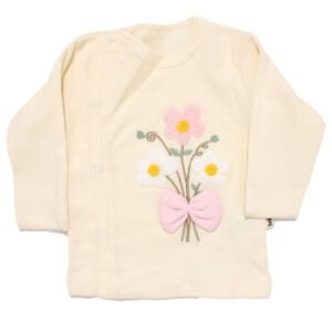 Kız Bebek Ekru Pembe Fiyonklu Çiçek Nakışlı Çıt Çıtlı 3'lü Pijama Takımı 0-3 Ay