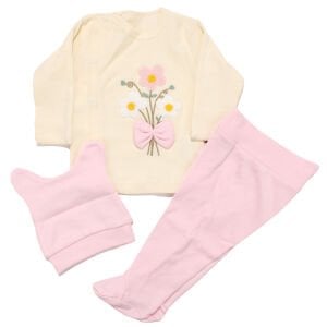 Kız Bebek Ekru Pembe Fiyonklu Çiçek Nakışlı Çıt Çıtlı 3'lü Pijama Takımı 0-3 Ay