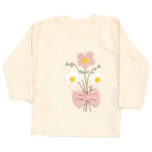 Kız Bebek Ekru Gül Kurusu Fiyonklu Çiçek Nakışlı Çıt Çıtlı 3'lü Pijama Takımı 0-3 Ay