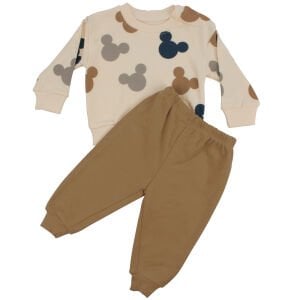 Erkek Bebek Ekru Kahve Fare Baskılı İkili Takım