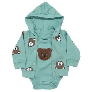Unisex Su Yeşili Ayıcık Baskılı Hırkalı 3'lü Takım