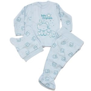 Erkek Bebek Mavi Fil Baskılı Çıt Çıtlı 3'lü Pijama Takımı 0-3 Ay