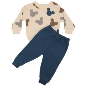 Erkek Bebek Ekru Mavi Fare Baskılı İkili Takım