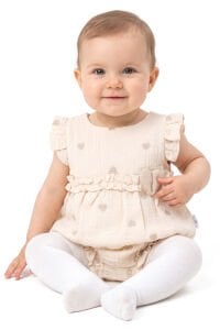 Kız Bebek Ekru Kalp Nakışlı Müslin Zıbın Tulum