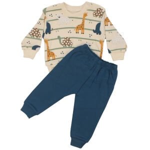 Erkek Bebek Ekru Mavi Orman Hayvanları Baskılı İkili Takım