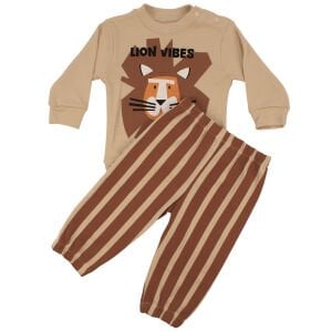 Erkek Bebek Bej Kahve Aslan Baskılı Çizgili İkili Takım