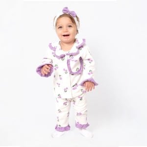 Kız Çocuk Ekru Mor Lale Desenli Fırfırlı Bandanalı Pijama Takımı