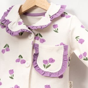 Kız Çocuk Ekru Mor Lale Desenli Fırfırlı Bandanalı Pijama Takımı