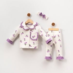 Kız Çocuk Ekru Mor Lale Desenli Fırfırlı Bandanalı Pijama Takımı
