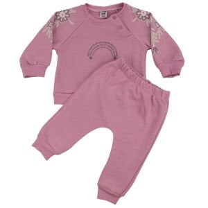 Kız Bebek Pembe Hello Flowers Yazılı Kolları Çiçek Baskılı Üç İp İkili Takım