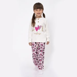 Kız Çocuk Ekru Fuşha Cool Kalp Baskılı 2'li Pijama Takımı