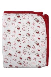 Ayıcık Desenli Tek Kat Penye Krem Kırmızı Bebek Battaniyesi
