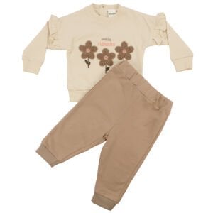 Kız Bebek Ekru Kahve Çiçek Nakışlı 2'li Takım