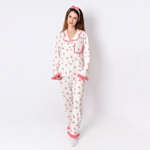 Kadın Anne Ekru Pembe Lale Desenli Fırfırlı Bandanalı Pijama Takımı
