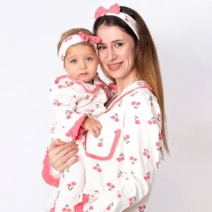 Kadın Anne Ekru Pembe Lale Desenli Fırfırlı Bandanalı Pijama Takımı