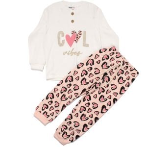 Kız Çocuk Ekru Pembe Cool Kalp Baskılı 2'li Pijama Takımı