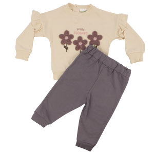 Kız Bebek Ekru Mor Çiçek Nakışlı İkili Takım