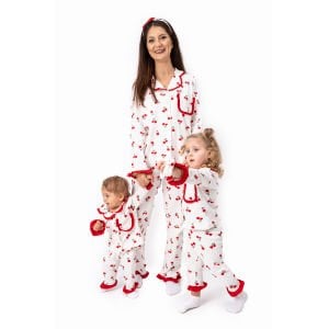 Kadın Anne Ekru Kırmızı Lale Desenli Fırfırlı Bandanalı Pijama Takımı