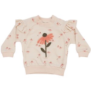 Kız Bebek Ekru Pembe Papatya Nakışlı Kolları Fırfırlı İkili Takım