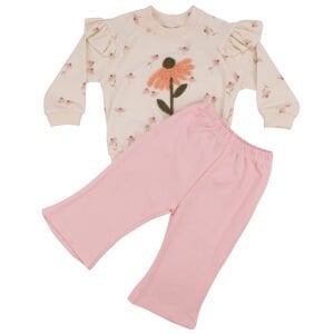 Kız Bebek Ekru Pembe Papatya Nakışlı Kolları Fırfırlı İkili Takım