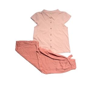 Kız Çocuk Pembe Bağmalalı Kumaş  Pantolonlu 2 li Takım