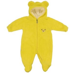 Unisex Sarı Peluş Ayı Nakışlı Patikli Kapşonlu Tulum